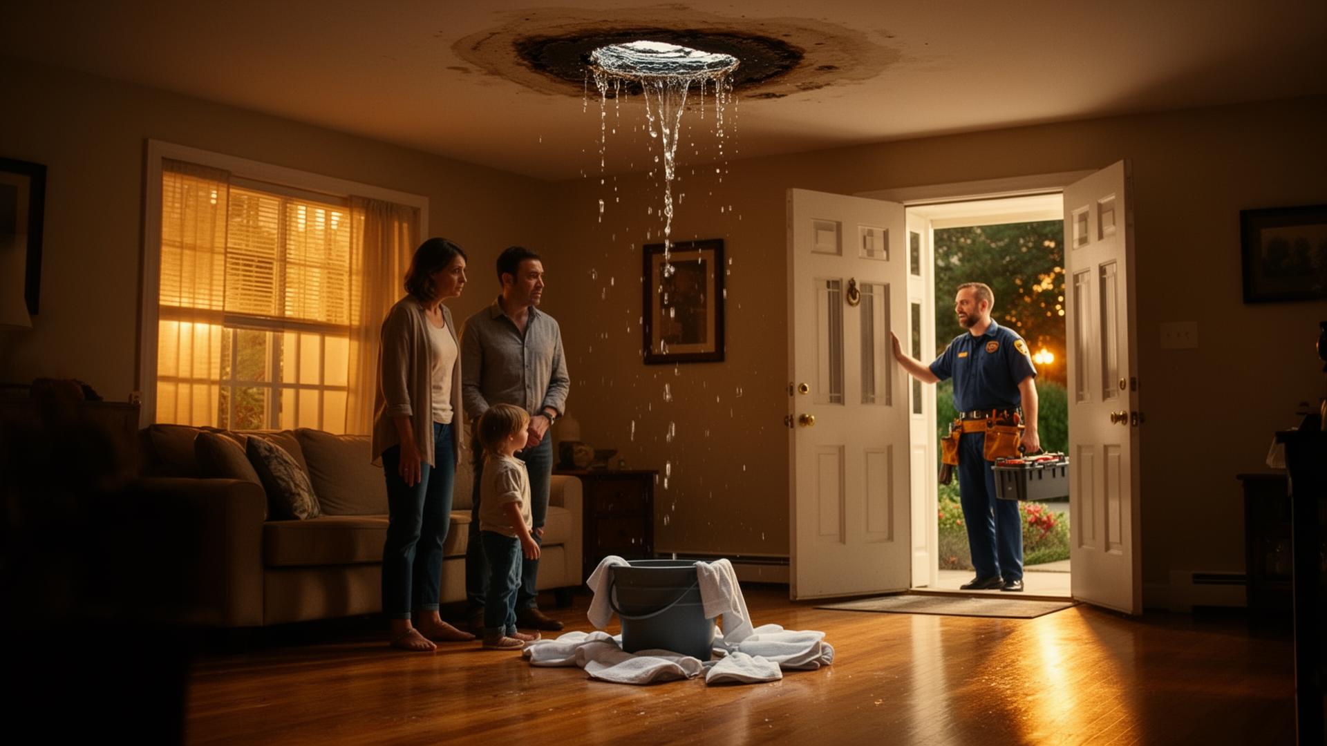 Family in their Woodland Hills home watching a ceiling leak as a licensed plumber arrives at the front door